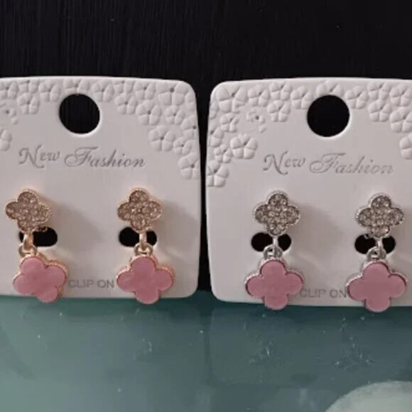 DESIGNER Lucky Clover Silver Faux Pink Shell Clear Crystal Clip On Drop Earrings - Picture 6 of 6